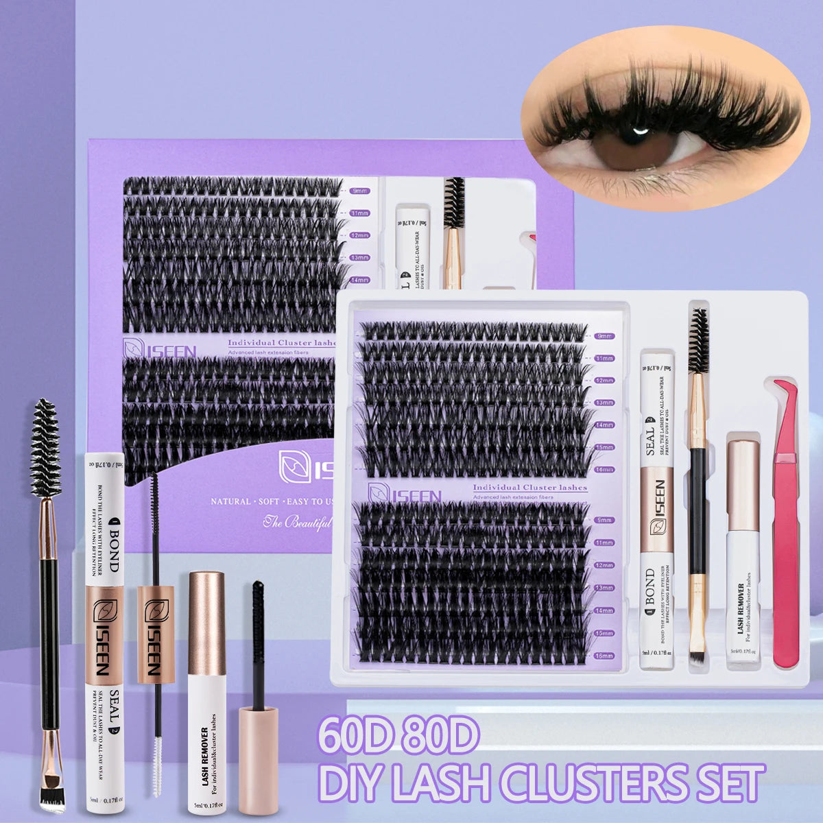 DIY Lash Extension Mix Styles Lash Clusters with Bond&Seal Remover Tweezers Lash Brush for Self Application Makeup