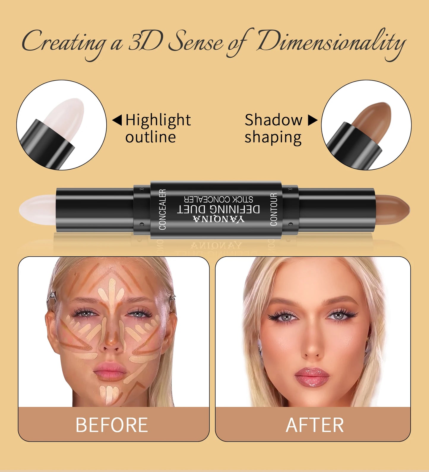 Contour Stick Duo, Double-Ended Highlight and Shadow Cream, Waterproof Full Coverage Concealer