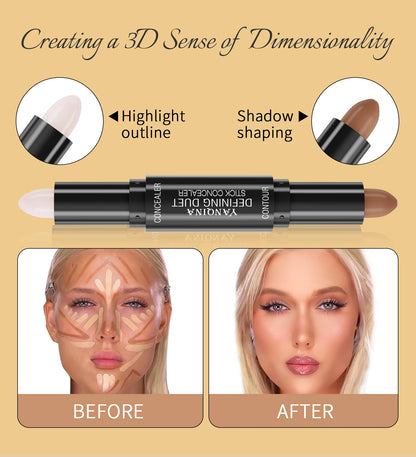 Contour Stick Duo, Double-Ended Highlight and Shadow Cream, Waterproof Full Coverage Concealer