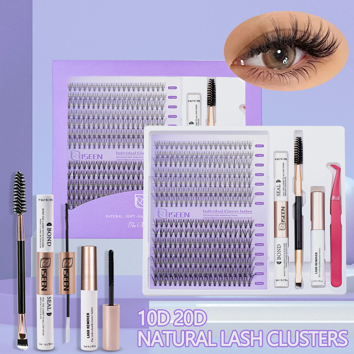 DIY Lash Extension Mix Styles Lash Clusters with Bond&Seal Remover Tweezers Lash Brush for Self Application Makeup